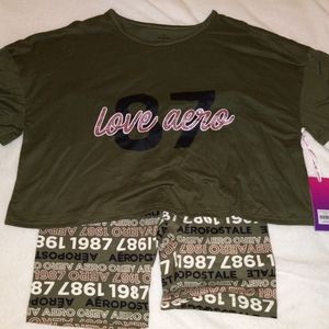 Army Green Aeropostale Cropped Shirt And Shorts Set